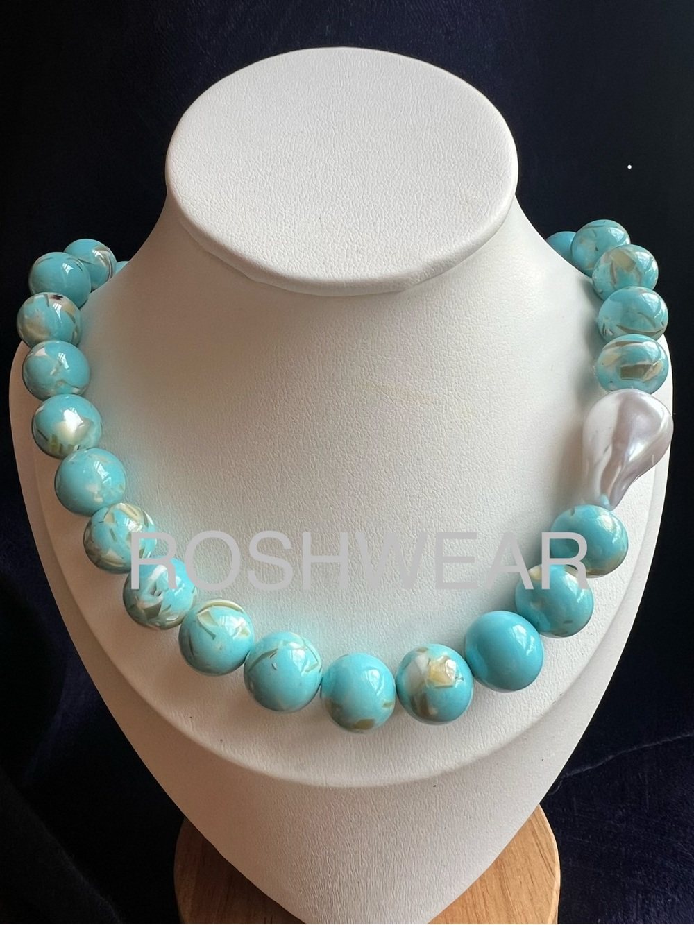 Imitation Turquoise Bead Statement Necklace with Faux Baroque Pearl Accent NWOT